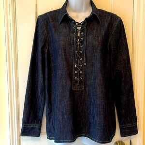 Lauren‎ Ralph Lauren Cotton Denim Pullover Lace Up Top Women’s Small Blue Preppy